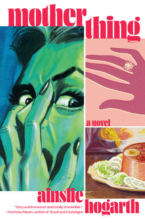 "Motherthing" written above comic-book style images of a woman with her hand over her face in shock, the silhouette of a hand with a ring on the ring finger, and jellied salmon. 